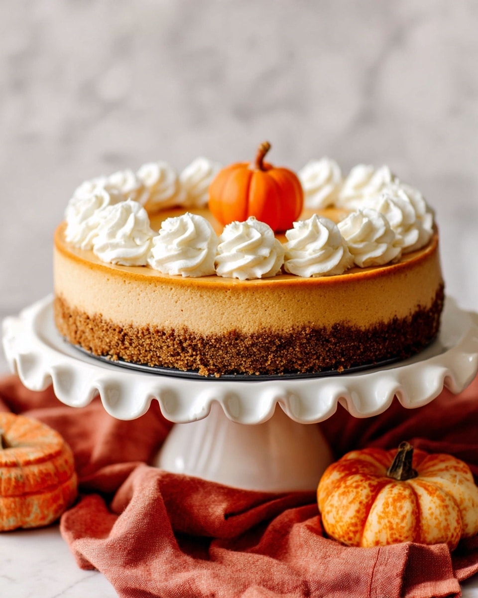 A round cheesecake with a thick, crumbly brown crust forming the base and sides, topped with smooth, light orange pumpkin filling that is evenly spread. Around the edge of the pumpkin layer, there are twelve large, creamy white swirls of whipped cream, and a small, decorative orange pumpkin sits in the center on top. The cheesecake sits on a white ruffled-edge cake stand placed on a white marbled surface, with an orange textured cloth and small pumpkins nearby. photo taken with an iphone --ar 4:5 --v 7