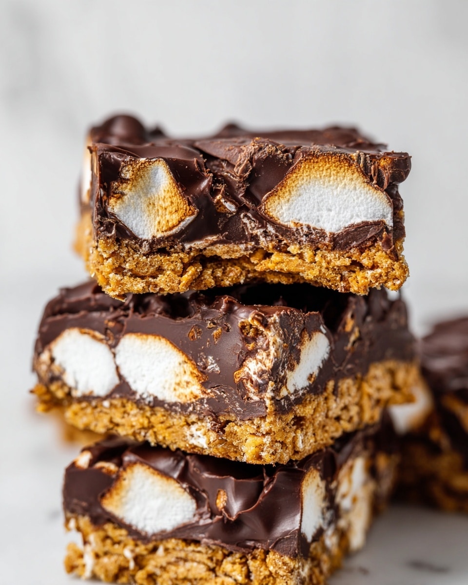 This image shows a close-up of several stacked square pieces of a no-bake treat made of layers of dark brown chocolate, golden-brown graham cracker bits, and white fluffy marshmallows. Each piece has a rough texture with the marshmallows visible inside, surrounded and held together by the thick chocolate coating mixed with the graham cracker crumbs. The top piece is positioned diagonally on the piece below, showing the cross-section clearly. The background is a white marbled texture. photo taken with an iphone --ar 4:5 --v 7