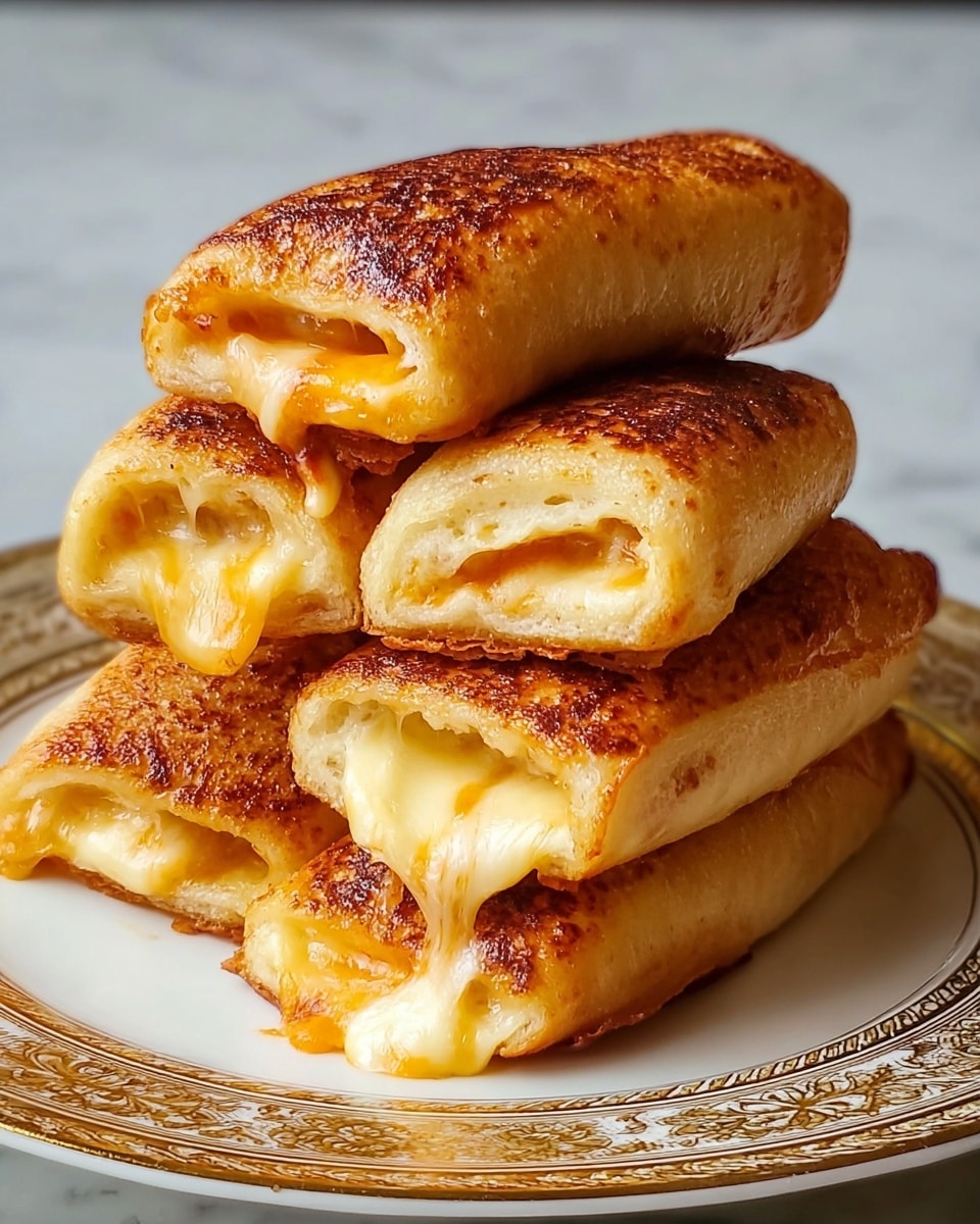 Five golden brown, crispy rolled crepes filled with melted light orange cheese are arranged closely on a white plate with a delicate gold trim, placed on a white marbled surface. The crepes have a smooth, slightly browned outer texture. The melted cheese inside each roll peeks out, showing a creamy and gooey consistency, especially visible at the cut ends. The rolls are stacked in a way that three are parallel and two are slightly layered on top of them. photo taken with an iphone --ar 4:5 --v 7