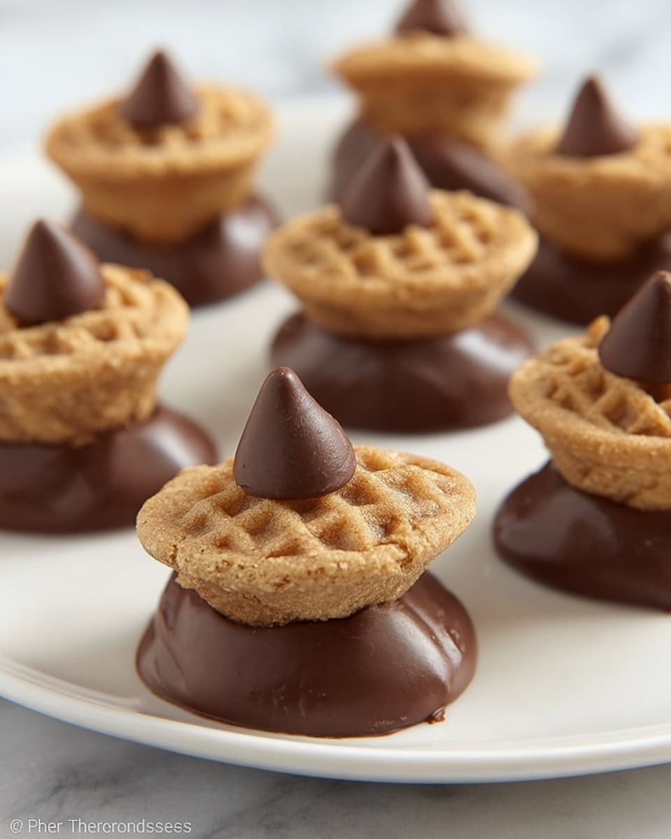 The image shows several small treats made by sandwiching a milk chocolate drop between two small, round, golden-brown peanut butter cookies. Each cookie has a textured, slightly crispy surface with a small peak of melted chocolate from the drop visible on top. The chocolate drop is dark brown, smooth, and shiny, sitting between the two cookie layers, with a pointed end sticking out slightly below the sandwich. The treats are placed scattered on a white plate, set against a white marbled surface. Photo taken with an iphone --ar 4:5 --v 7