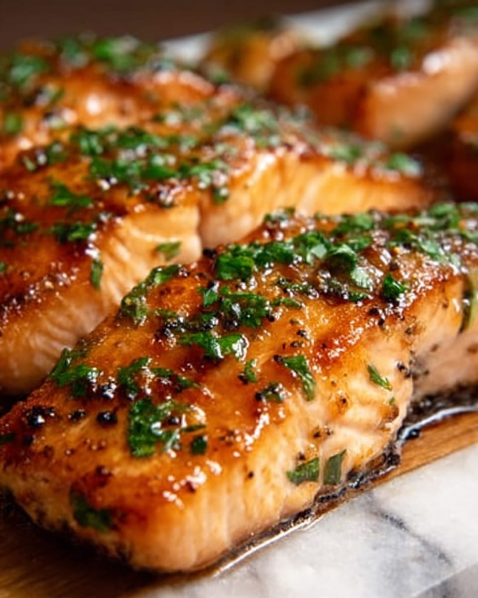 The image shows a close-up of cooked salmon fillets with a golden-brown crispy skin. The top layer of the salmon is glossy with a sticky glaze that has small bits of black pepper and green chopped herbs sprinkled evenly over the surface. The texture of the fish looks moist and tender with visible flake patterns. The background is a white marbled texture. Photo taken with an iphone --ar 4:5 --v 7