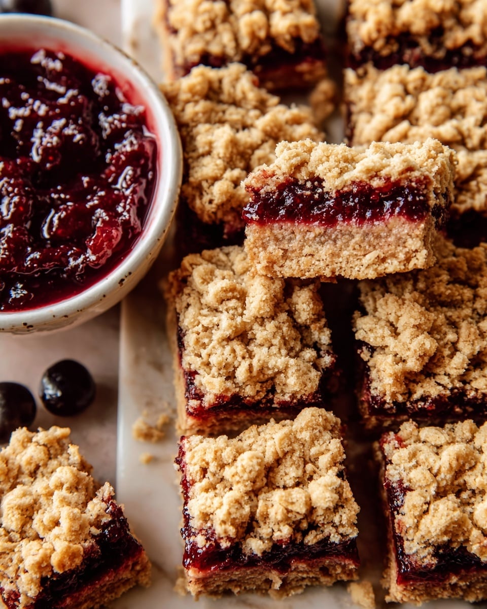 The image shows several crumbly dessert bars arranged closely together on a white marbled surface. Each bar has three visible layers: a thick, golden-brown oat crumb layer on the bottom, a dark red, glossy fruit jam layer in the center, and a chunky oat crumb topping with a light golden color. The texture of the top layer is rough and uneven, with large oat clusters. On the left side of the image, there is a white bowl filled with deep red jam, matching the jam layer in the bars. The bars and jam rest on a neutral, warm-toned base, with a few whole dark berries scattered around. photo taken with an iphone --ar 4:5 --v 7