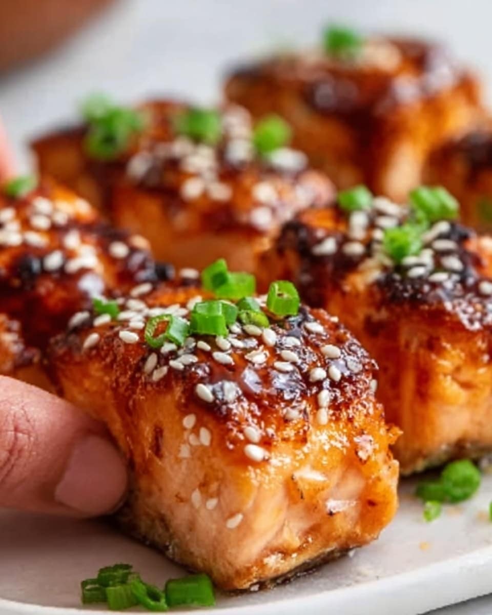 The image shows three round salmon cakes with a shiny brown glaze on top. Each cake is topped with small green onion pieces and white sesame seeds. The cakes have a textured surface with a golden-brown crispy crust and soft pink inside. They are placed close together on a white marbled surface. The photo taken with an iphone --ar 4:5 --v 7