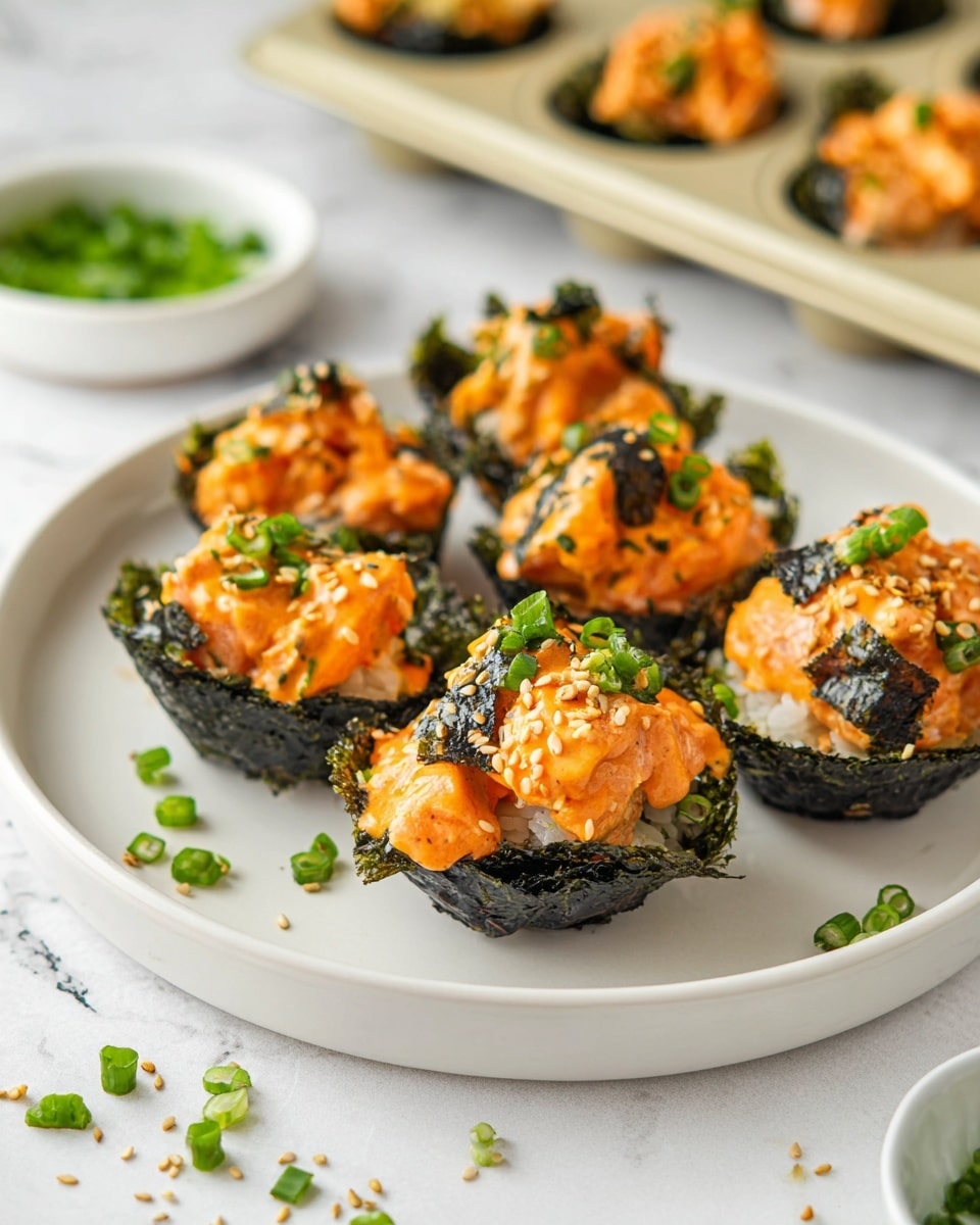 A white round plate on a white marbled surface holds six bite-sized seaweed cups, each with three layers: a dark green, crisp seaweed cup base; a middle layer of white sticky rice; and a top layer of chunky, bright orange pieces of cooked fish drizzled with an orange sauce. The fish is sprinkled with finely chopped green onions and white sesame seeds. Scattered green onion rings lie on the surface around the plate, and a small white bowl of extra chopped green onions is visible in the background. Photo taken with an iphone --ar 4:5 --v 7