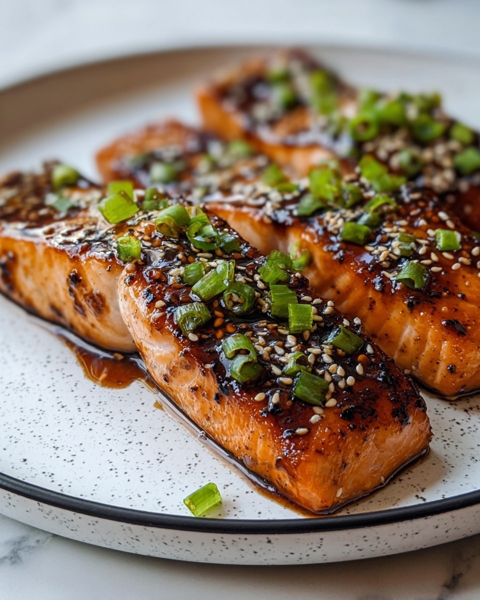 Three grilled salmon fillets with a shiny, dark golden-brown glaze sit side by side on a white speckled plate. Each fillet has grill marks and is topped with small green onion pieces and a sprinkle of white and black sesame seeds. The glaze pools slightly around the edges of the fish, giving a glossy look. The plate rests on a white marbled surface. photo taken with an iphone --ar 4:5 --v 7