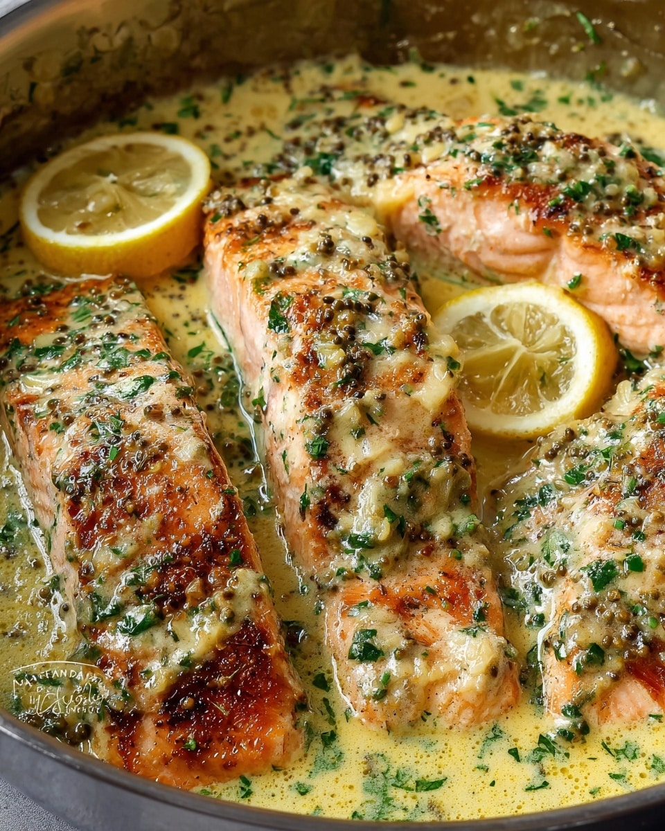 The image shows four cooked salmon fillets with a creamy, herb sauce on top. The salmon pieces have an orange-pink color with slightly browned edges and are covered with a creamy layer that has green herb bits and small mustard seeds sprinkled throughout. Lemon slices are placed on top and around the salmon, adding bright yellow accents. The salmon sits in a shiny pan filled with a light yellow, buttery sauce that looks smooth and rich. The background is a white marbled texture. photo taken with an iphone --ar 4:5 --v 7