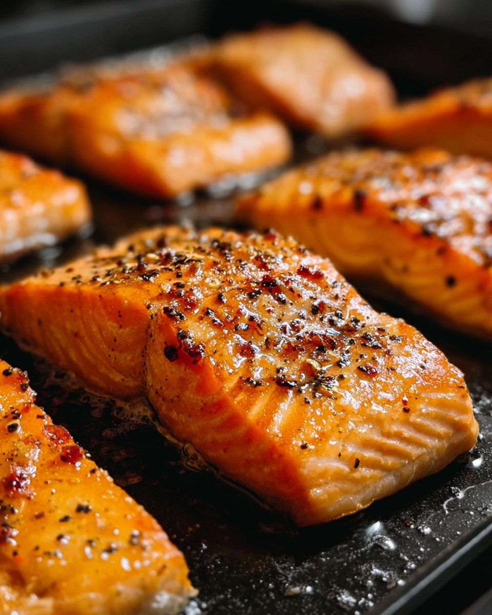 The image shows several cooked salmon fillets on a black cooking tray. Each fillet has a bright orange color with visible white fat lines and black pepper seasoning sprinkled all over the surface. The salmon looks moist and slightly shiny with a glaze. The background is out of focus, highlighting the texture of the cooked fish, which has a slightly flaky appearance. photo taken with an iphone --ar 4:5 --v 7