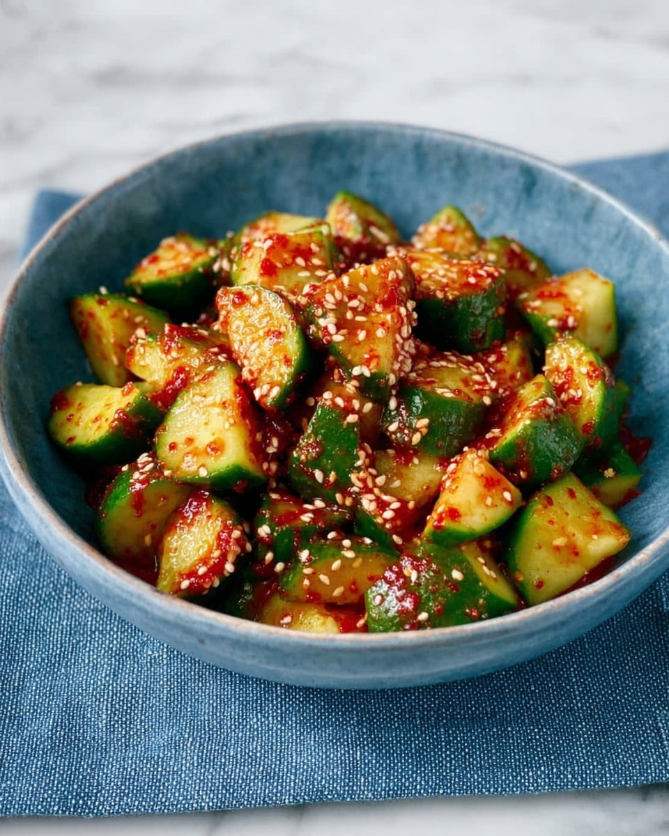 A blue bowl filled with chopped cucumber pieces cut into quartered rounds, showing fresh green skin and pale green inside. The cucumber pieces are coated with a red chili sauce, which looks thick and slightly chunky, and sprinkled generously with white sesame seeds, creating a textured and colorful contrast. The bowl rests on a blue cloth on a white marbled surface. photo taken with an iphone --ar 4:5 --v 7