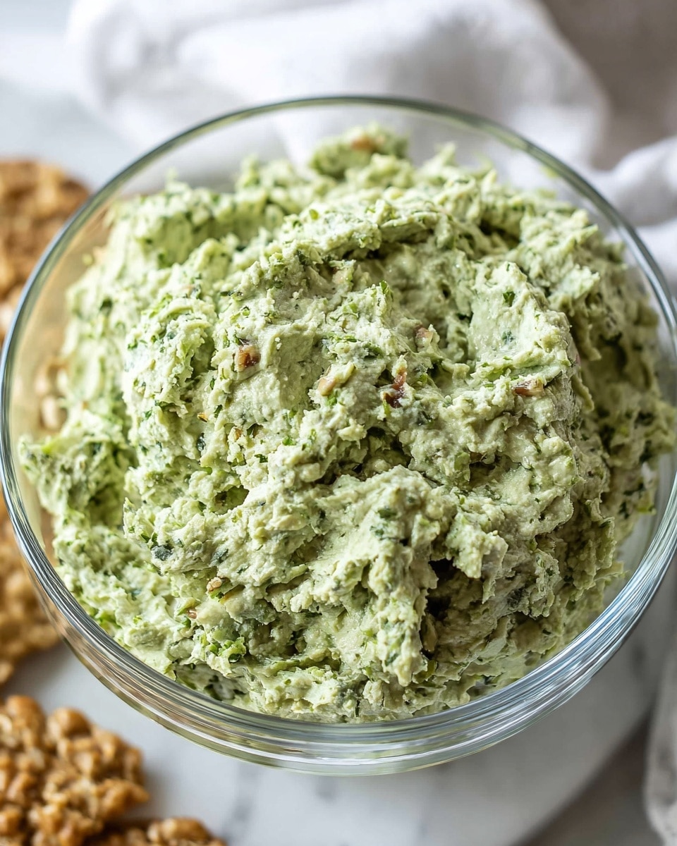 A clear glass bowl is filled with a thick, chunky green spread that has a creamy texture mixed with small bits of herbs and nuts. The spread looks fresh with shades of light green and flecks of darker green, giving it a slightly coarse appearance. The bowl is placed on a white marbled surface, with a blurred white cloth and some golden brown crackers visible in the background. The focus is tight on the green spread, showing its texture clearly. photo taken with an iphone --ar 4:5 --v 7