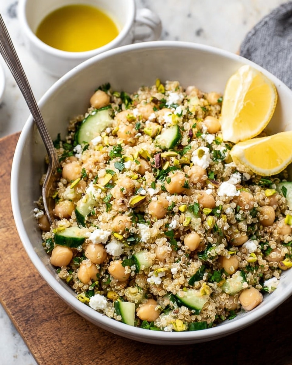 A white bowl filled with quinoa salad that has three main visible layers: the base is light beige quinoa mixed with small green parsley pieces, the middle layer shows beige chickpeas scattered throughout, and the top layer has white crumbled cheese and small chunks of green cucumber and pistachios. To the right inside the bowl, two lemon wedges with soft yellow color sit against the edge. A silver spoon rests inside the bowl on the left side, partially submerged in the salad. The bowl is placed on a wooden surface with a small white cup containing yellow dressing in the background, all set against a white marbled texture. photo taken with an iphone --ar 4:5 --v 7