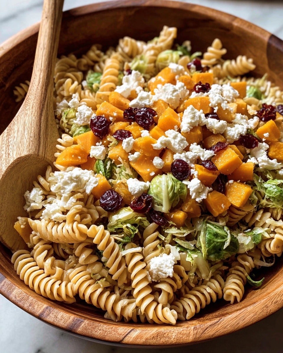 A close-up of a wooden bowl filled with three layers of food: the bottom layer is light brown rotini pasta with a firm texture, the middle layer includes bright orange cubes of roasted butternut squash and small green pieces of Brussels sprouts leaves, and the top layer is dotted with soft white crumbles of goat cheese and scattered dark red dried cranberries. The bowl is set on a white marbled surface, and a wooden spoon rests inside the bowl on the left side. Photo taken with an iphone --ar 4:5 --v 7