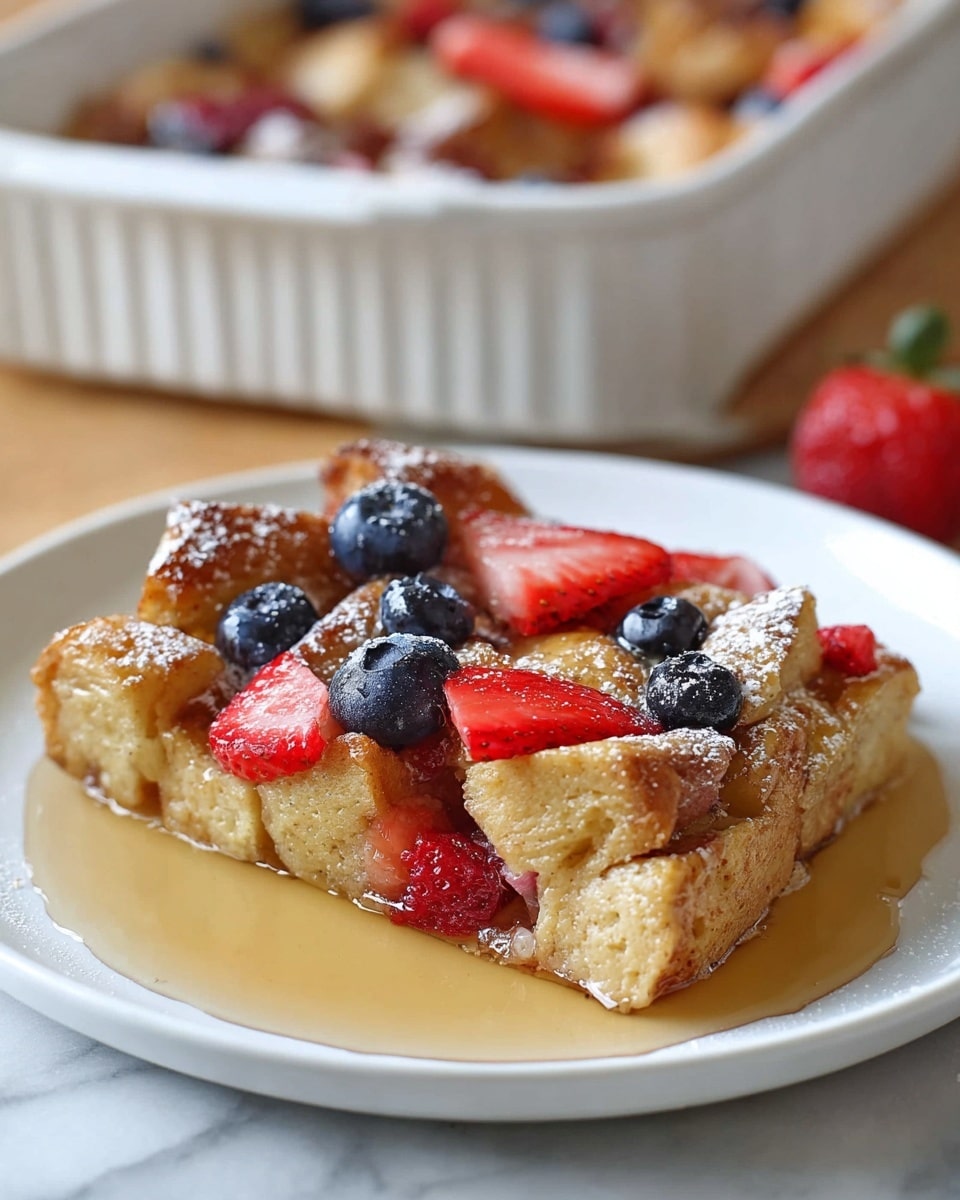 A slice of bread pudding sits on a white plate, its base layer made of golden-brown bread chunks soaked and baked to a soft texture. On top, there are bright red strawberry slices and deep blue blueberries scattered evenly, adding color and freshness. The bread pieces and berries are lightly dusted with white powdered sugar, and a glossy light brown syrup pools gently around the edges of the slice, giving a moist shine. In the background, a white baking dish with more bread pudding is slightly out of focus, all placed on a white marbled surface. photo taken with an iphone --ar 4:5 --v 7