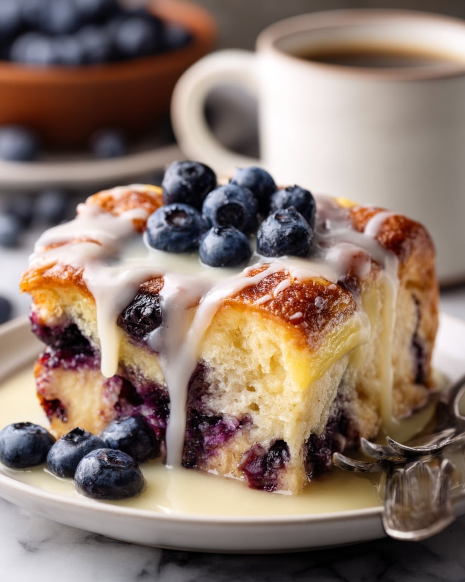 A close-up of a thick slice of blueberry bread pudding on a white plate, showing three main layers: the bottom layer is moist bread soaked with dark purple blueberries that burst open, the middle layer is soft and golden yellow custard baked with pieces of bread, and the top layer is slightly crisp with a light brown color covered by a smooth, white glaze dripping over the edges and topped with fresh, plump blueberries. In the background, there is a white mug of coffee and the surface is a white marbled texture. Photo taken with an iphone --ar 4:5 --v 7