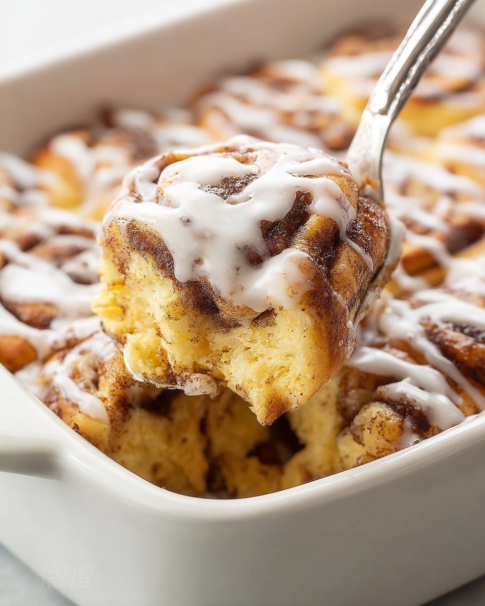 A close-up image showing a golden brown baked dish with two visible layers inside a white baking dish on a white marbled surface. The bottom layer is a soft and fluffy dough with a light yellow color, while the top layer is a darker brown cinnamon swirl that creates a nice pattern on the top crust. A thick white icing is drizzled unevenly over the top, adding a shiny and creamy texture. A silver spoon is lifting a piece of the dessert, revealing a close look at the moist, fluffy inside and the gooey cinnamon swirls on top. photo taken with an iphone --ar 4:5 --v 7
