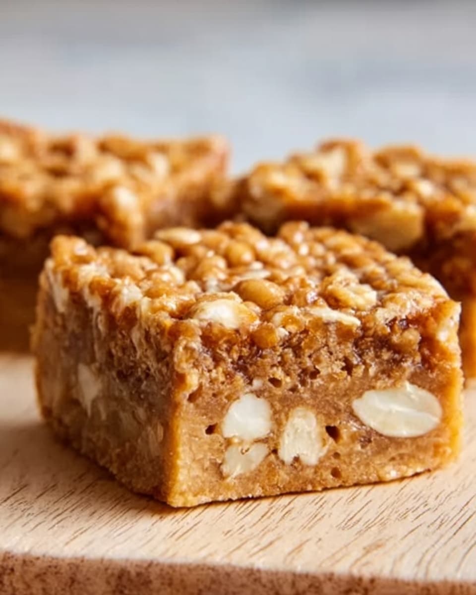 A close-up of two square-shaped nut bars resting on a light wooden surface with a white marbled background. Each bar has two visible layers: the bottom layer is dense and beige with white chunks of nuts embedded in it, while the top layer consists of a golden-brown, slightly crunchy nut mixture evenly spread over the top, giving a textured and crumbly look. The bars are cut neatly, showing the contrast between the soft base and the crunchy topping. Photo taken with an iphone --ar 4:5 --v 7