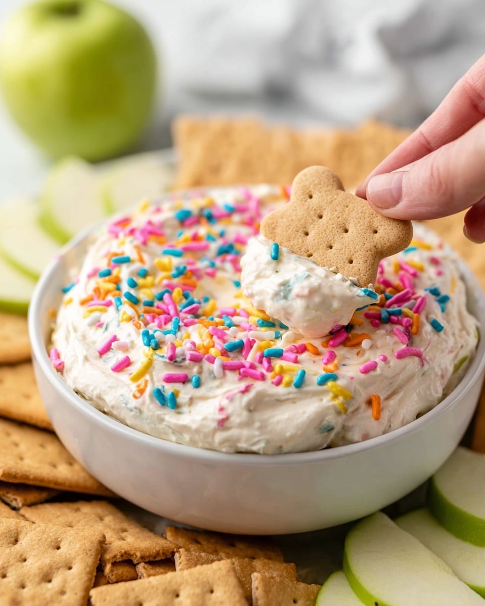 A white bowl filled with a thick, creamy, white dip covered with colorful sprinkles including pink, yellow, blue, and orange. Two animal-shaped tan cookies are partially dipped into the dip on the top side, one being held by a woman's hand. Surrounding the bowl are pale green sliced apples and square golden brown graham crackers. The scene is set on a white marbled surface with soft lighting. photo taken with an iphone --ar 4:5 --v 7