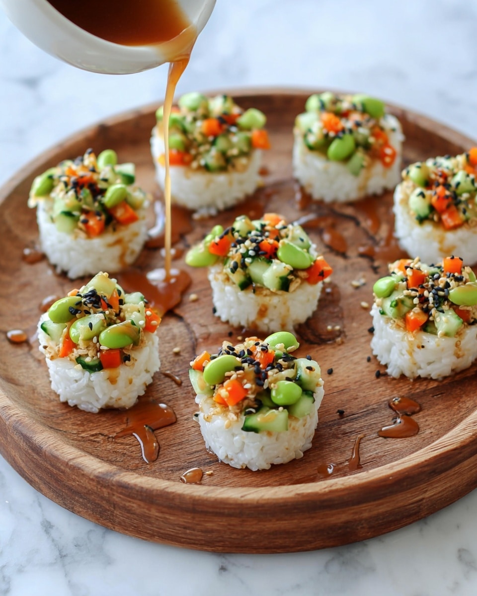 Seven small rice cups form the base layer, each cup white and textured like sushi rice, shaped into a shallow bowl on a round wooden plate. Each cup is filled with a colorful mix of chopped vegetables including bright green edamame, orange carrot pieces, and light green cucumber or avocado chunks. Black sesame seeds sprinkle both inside the cups and over the wooden plate. A light brown creamy sauce is being drizzled over the top, adding a glossy contrasting layer with some sauce droplets on the plate. The whole setup rests on a white marbled texture. photo taken with an iphone --ar 4:5 --v 7