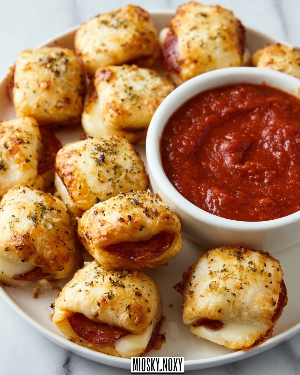 The image shows a white plate with small, golden-brown baked bites arranged around a white bowl filled with thick, red marinara sauce. Each bite has three visible layers: the top layer is flaky, golden pastry sprinkled with herbs and garlic bits, the middle layer is a thin slice of pepperoni, and the bottom layer is creamy white melted cheese peeking out. The pastry looks crispy and slightly uneven in texture, with herbs adding a greenish contrast. The white bowl with the marinara sauce sits near the center, with the sauce’s smooth but slightly chunky texture and deep red color standing out against the white marbled surface beneath the plate. Photo taken with an iphone --ar 4:5 --v 7