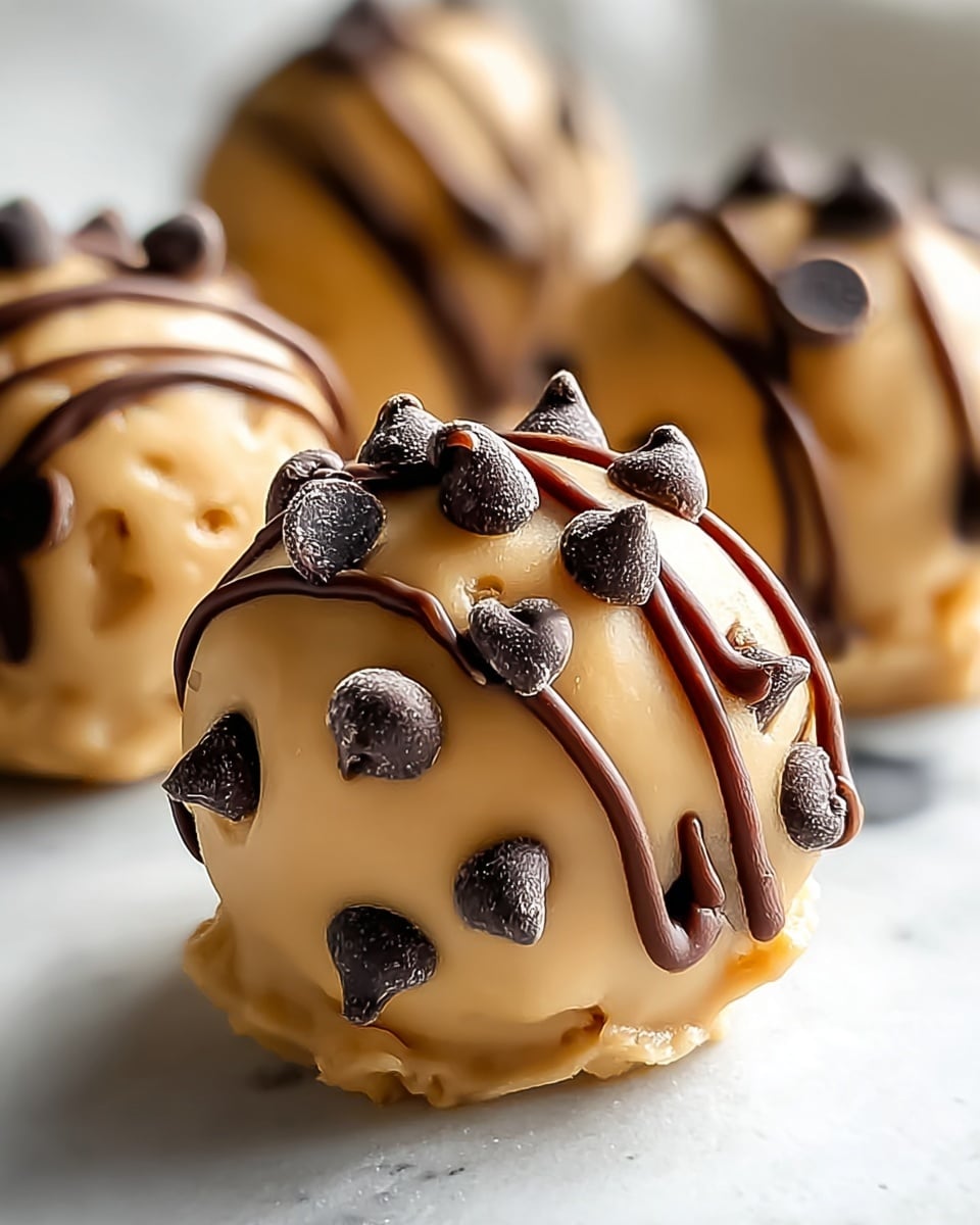 The image shows round cookie dough balls covered in a smooth, light brown coating with dark chocolate chips pressed into the surface, mostly five chips spaced evenly around each ball. Each ball is drizzled with thin, dark chocolate lines on top. The balls are placed on crumpled white paper, all against a white marbled texture. The focus is on the closest ball, with a soft blur on the ones behind it, highlighting the shiny, creamy coating and the rich, dark chocolate chips. photo taken with an iphone --ar 4:5 --v 7