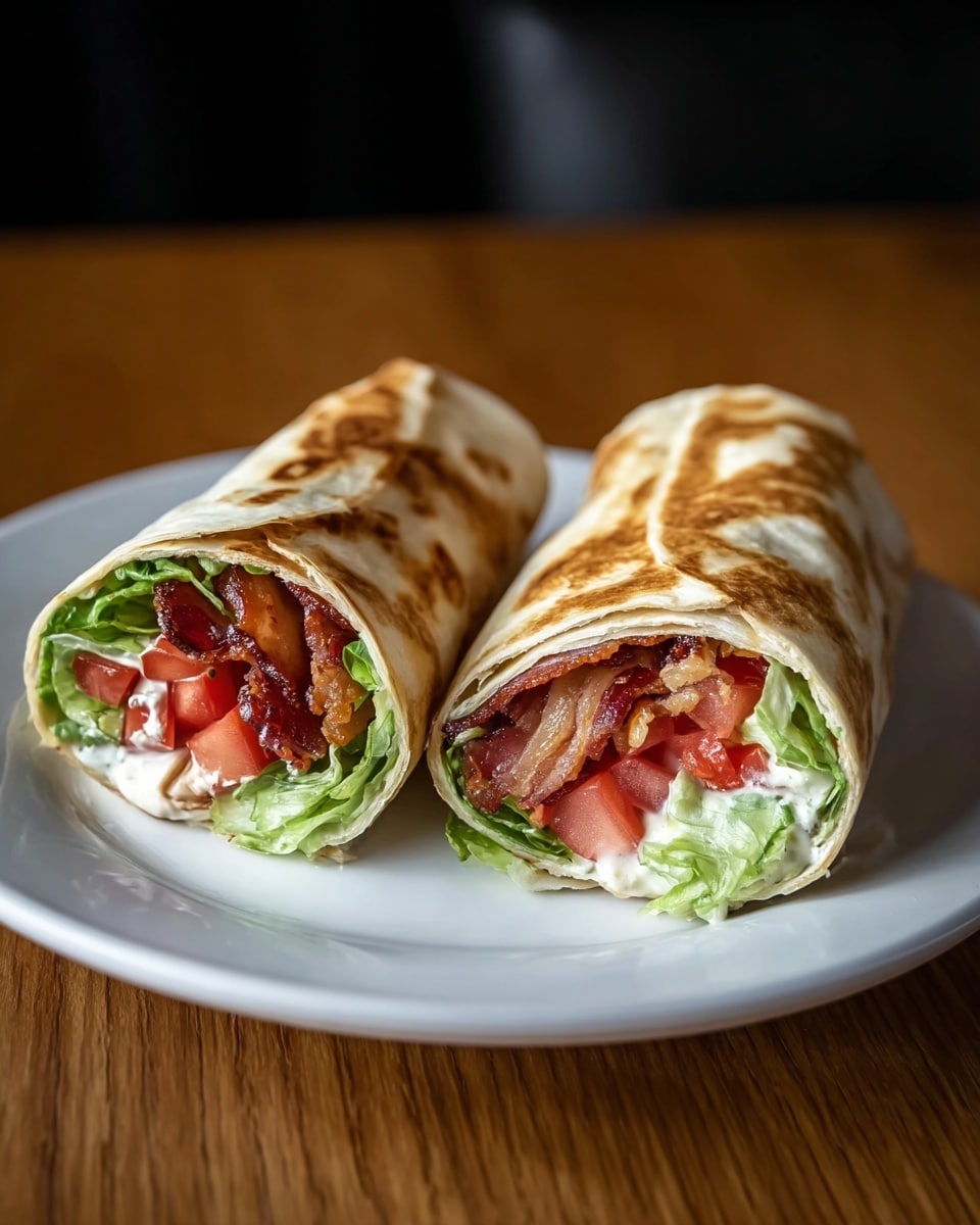 Two halves of a grilled wrap sit side by side on a white plate over a wooden surface. Each wrap has three visible layers: a golden brown toasted outer tortilla, a fresh layer of green lettuce, and a colorful mix inside with crispy bacon strips, red tomato chunks, and a bit of creamy sauce. The wrap looks tightly rolled and juicy, with the greens layered above the bacon and tomatoes, creating a balanced, fresh look. The background is dark and out of focus, highlighting the food. photo taken with an iphone --ar 4:5 --v 7