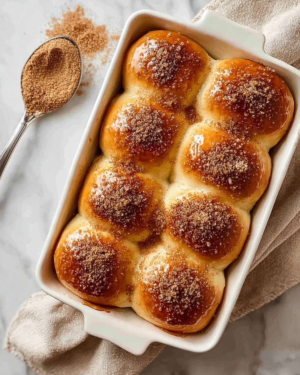 The image shows a white rectangular baking dish filled with eight soft, golden brown rolls arranged in two rows of four. Each roll is covered with a shiny glaze and sprinkled with a fine, dark brown sugar and cinnamon mixture on top. The rolls have a smooth texture and a slightly puffed appearance. Next to the dish, there is a metal spoon filled with more brown sugar and cinnamon resting on a beige cloth. The whole scene is set on a white marbled surface. photo taken with an iphone --ar 4:5 --v 7