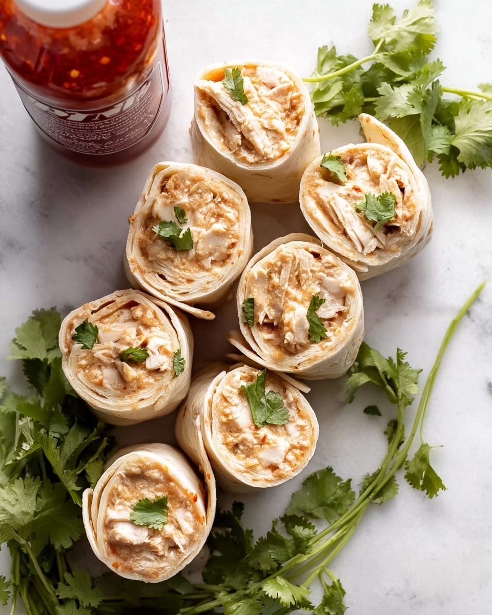 A white plate holds nine tortilla pinwheel rolls, each showing three visible layers: the soft, pale beige tortilla on the outside, a light creamy filling inside with a textured mix likely of shredded chicken or tuna, and small green cilantro leaves scattered on and around the rolls for color contrast. A red sauce bottle with a white cap lies at the top of the plate, revealing droplets of sauce inside. The plate rests on a white marbled surface with extra cilantro leaves placed as garnish nearby. photo taken with an iphone --ar 4:5 --v 7