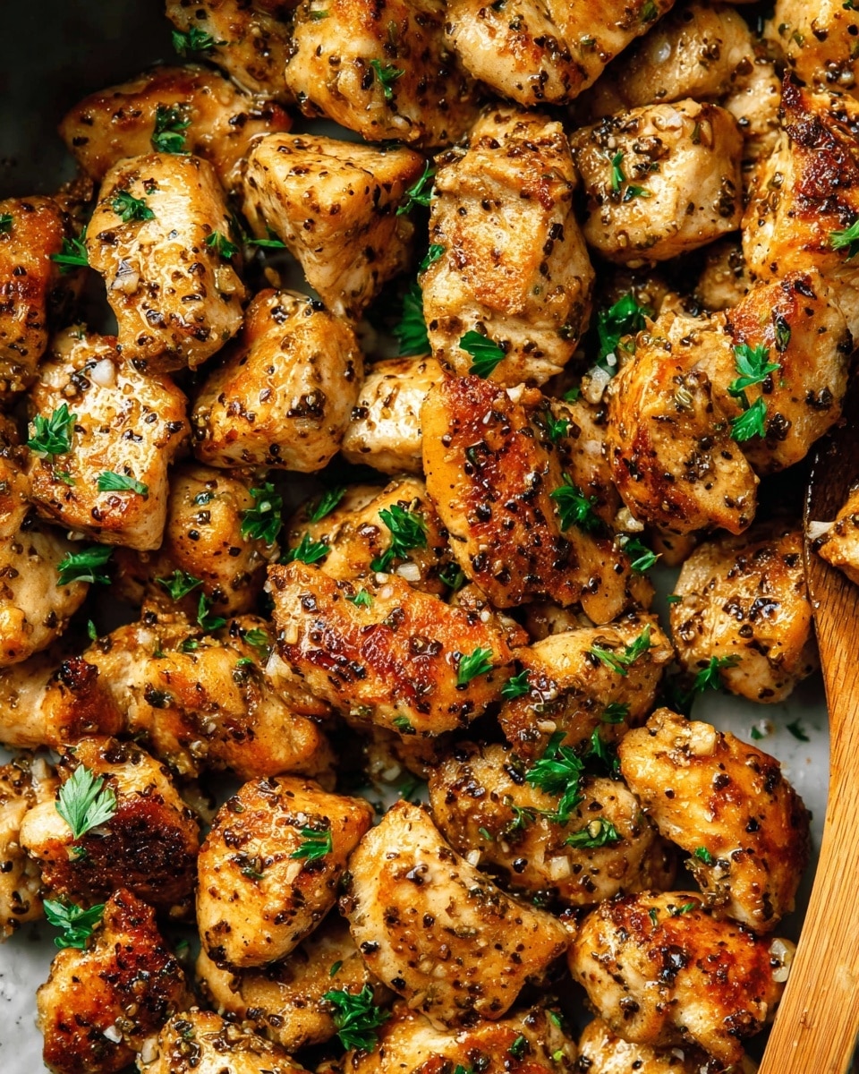 The image shows many pieces of cooked chicken, each piece browned with a golden and slightly crispy textured surface, seasoned with black pepper and small bits of garlic. The chicken chunks are irregular in shape and size, covered lightly with small, fresh green parsley leaves scattered evenly on top. The chicken pieces sit closely together, filling the entire frame, with a wooden spoon partially visible on the right side. The background has a white marbled texture. photo taken with an iphone --ar 4:5 --v 7