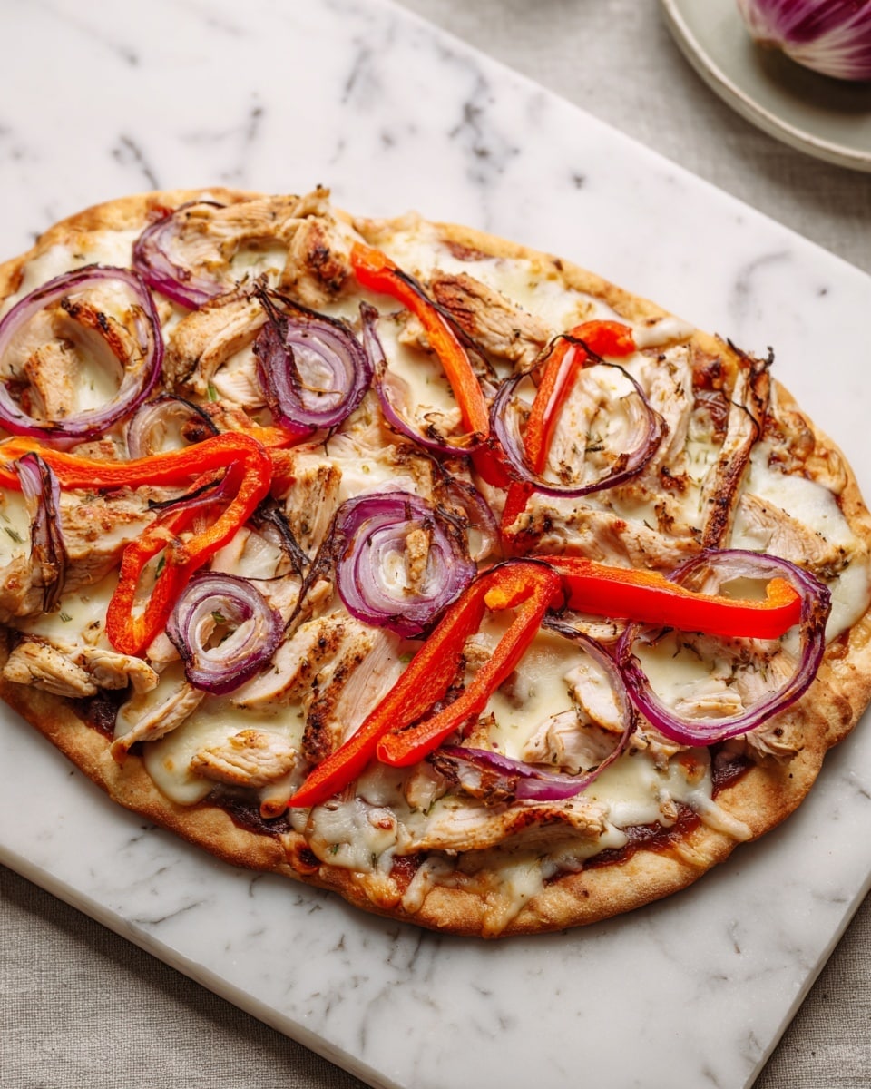 The image shows a flatbread pizza placed on a white marbled surface. The flatbread base is light brown and slightly crispy. On top, there is a layer of melted cheese that looks creamy and slightly browned. Scattered over the cheese are thin slices of grilled chicken with a golden-brown color. Bright red bell pepper strips are spread evenly across the pizza, adding a fresh and vibrant look. Thin rings of purple-red onion are placed on top, some slightly charred, adding contrast in color and texture. The pizza has a rustic, homemade feel with uneven edges and a mix of warm and bright colors. photo taken with an iphone --ar 4:5 --v 7