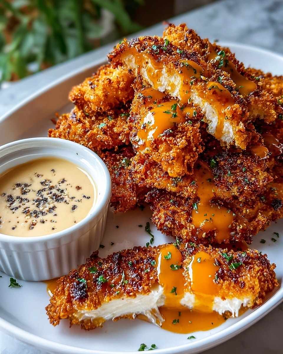 A white oval plate filled with several pieces of crispy fried chicken tenders stacked unevenly; each tender has a rough, golden-brown crust with some darker, almost burnt spots, showing a crunchy texture. The front piece is bitten into, revealing a white, tender inside with a shiny orange sauce drizzled on top. The tenders are sprinkled with small green herb pieces. At the back left of the plate, a small white ramekin holds a creamy light beige dipping sauce topped with cracked black pepper bits. The plate rests on a white marbled surface with some greenery blurred in the background. photo taken with an iphone --ar 4:5 --v 7