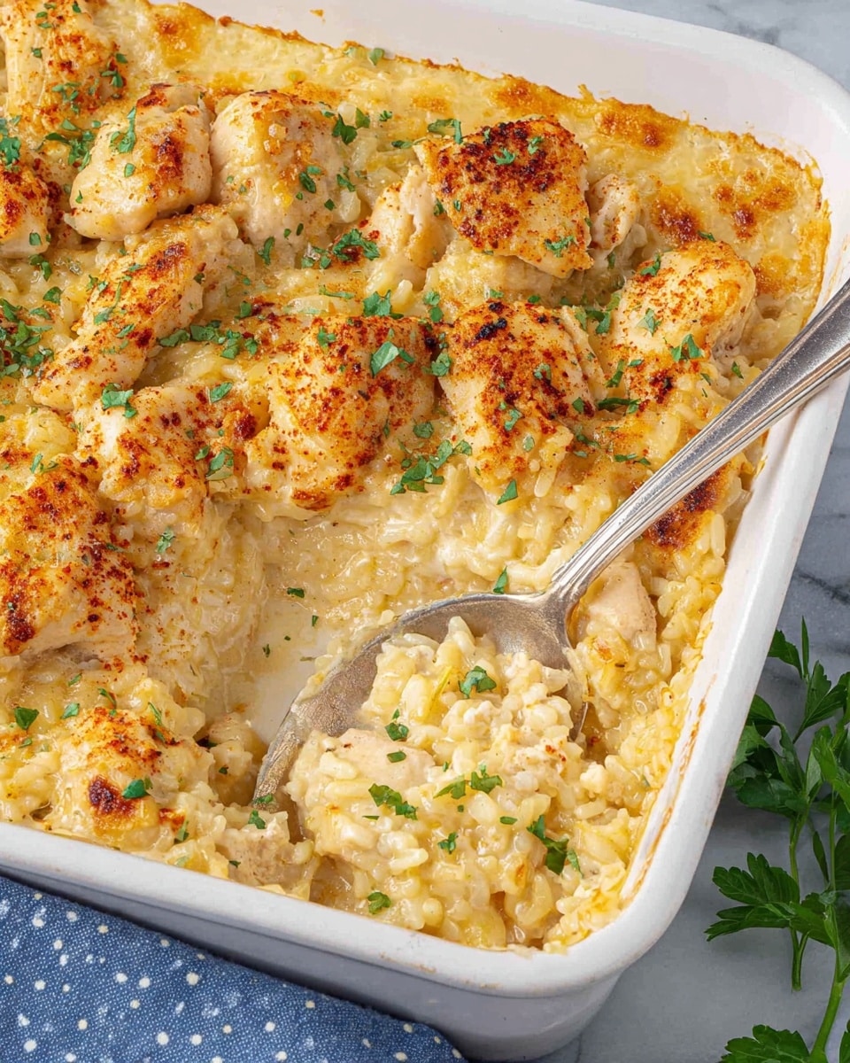 The image shows a white square baking dish filled with a creamy, golden-brown baked rice and chicken casserole. The dish has two main layers: the base layer is soft, creamy rice with visible grains coated in sauce, and the top layer consists of tender, lightly browned chicken pieces dusted with a reddish spice and scattered green herb flakes. A metal spoon is scooping up some of the casserole from the right side of the dish, showing the creamy texture of the rice and chicken together. The dish is placed on a white marbled surface, with a small part of a blue cloth with white polka dots visible on the right edge and some green parsley leaves near the bottom edge. photo taken with an iphone --ar 4:5 --v 7