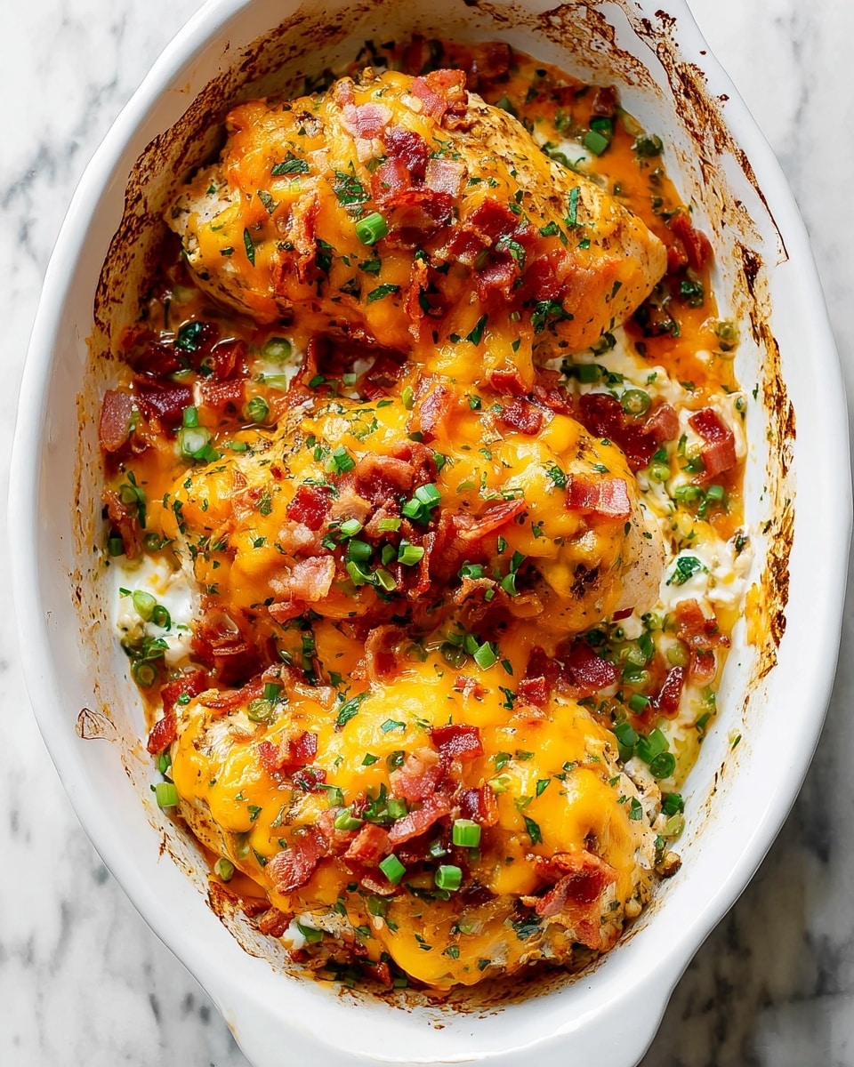 The dish shows three large pieces of chicken covered with a thick layer of melted golden-yellow cheddar cheese, topped with small pieces of crispy bacon and chopped green onions. Under the cheese, you can see a white creamy layer and some browned edges showing the chicken texture. The chicken is placed in a white oval baking dish with some browned cheese stuck on the sides. Fresh green herbs are sprinkled on top, adding a touch of color contrast. The dish sits on a white marbled surface. photo taken with an iphone --ar 4:5 --v 7