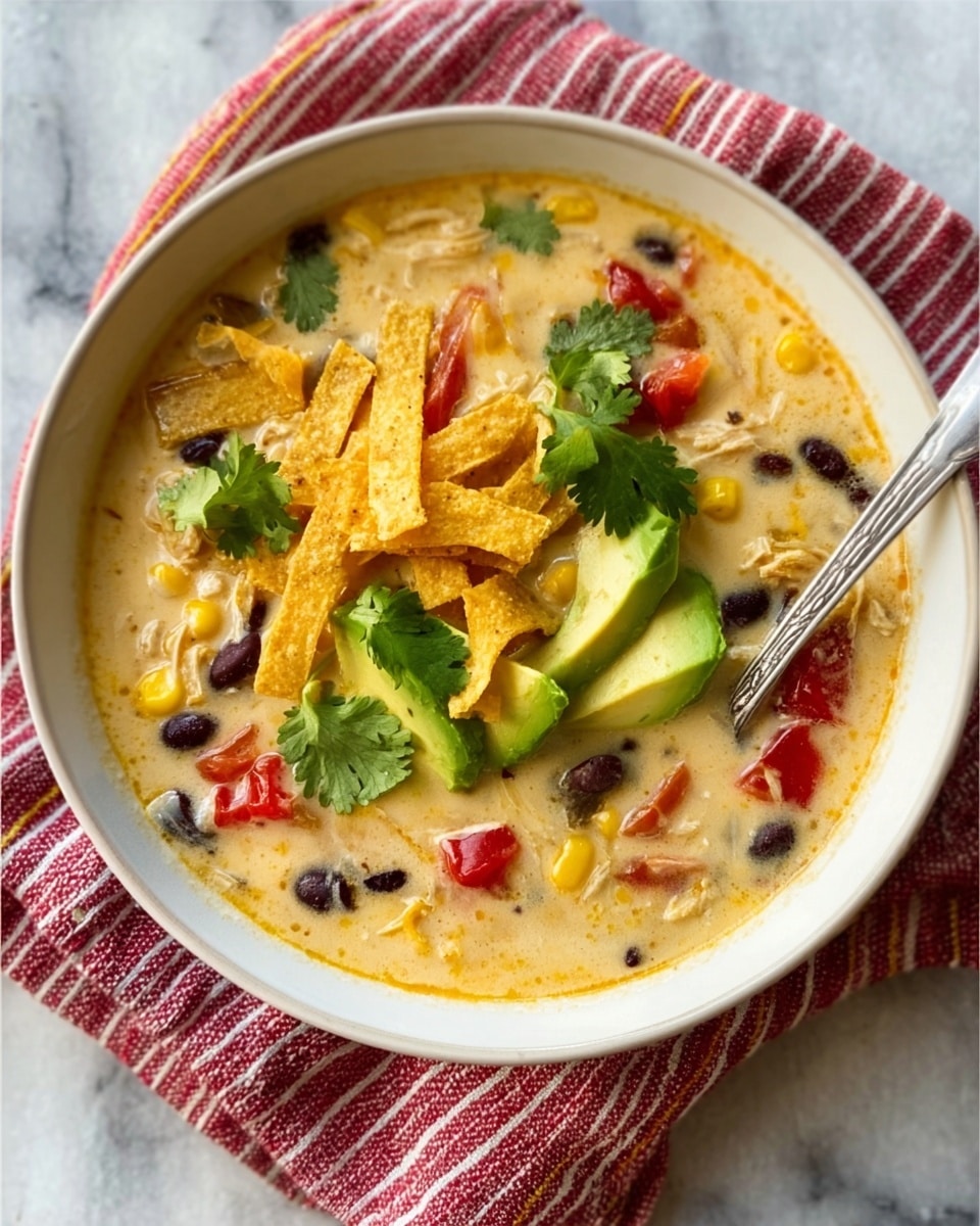 A white bowl filled with a creamy soup that has a light yellow color with small chunks of corn, black beans, and red diced tomatoes floating throughout. On top, there are thin crispy strips of tortilla chips piled in the center, garnished with bright green avocado slices and fresh cilantro leaves. A silver spoon rests inside the bowl on the right side. The bowl sits on a white marbled surface with a red and white striped cloth partially underneath it. Photo taken with an iphone --ar 4:5 --v 7
