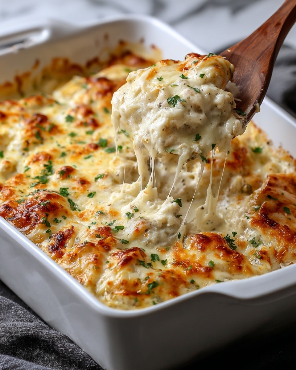 A white rectangular baking dish filled with a creamy, golden brown baked casserole topped with melted cheese that is slightly browned and bubbly in spots, garnished with small pieces of chopped green herbs scattered on top. The casserole has a thick, gooey white sauce base mixed with tender chunks of food, with a wooden spoon lifting a portion that shows stretchy, melted cheese pulling away. The dish rests on a dark cloth over a white marbled surface. Photo taken with an iphone --ar 4:5 --v 7
