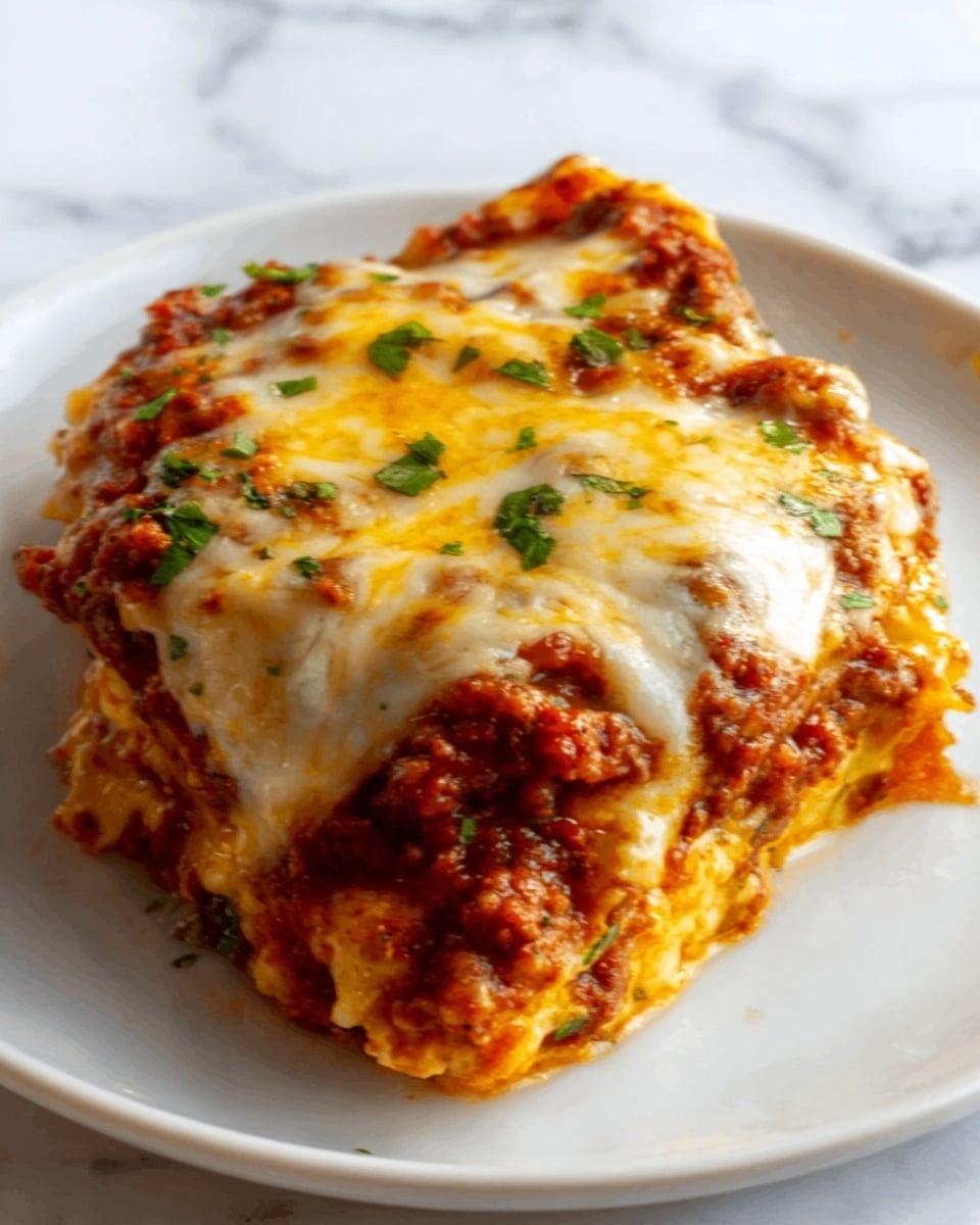 The image shows a single serving of lasagna on a white plate, placed on a white marbled surface. The lasagna has three visible layers: a bottom layer of textured pasta with slight browning, a middle layer of rich red tomato sauce mixed with browned meat, and a thick, creamy top layer of melted golden-yellow cheese with some white cheese blending in. Small green herb pieces are sprinkled on top, adding color contrast. The edges are slightly irregular, giving a fresh, homemade look. Photo taken with an iphone --ar 4:5 --v 7