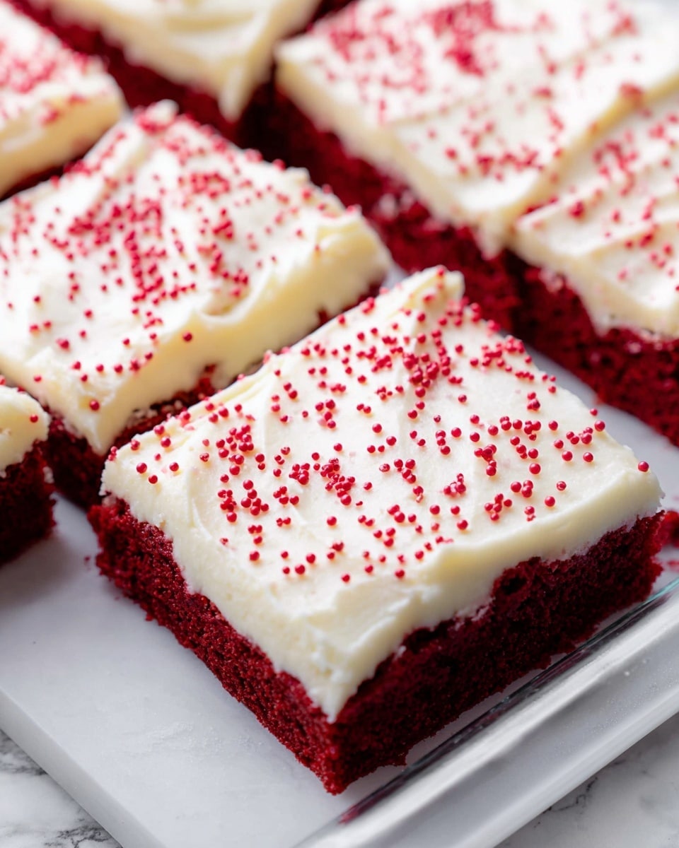 A close-up view of six square pieces of red velvet cake with a thick layer of smooth, creamy white frosting on top. The frosting is decorated with tiny red round sprinkles scattered evenly across each piece. The cake has a rich deep red color with a soft, moist texture. The pieces are neatly cut and placed in a clear glass baking dish on a white marbled surface. The edges of the cake and frosting are clean and sharp, showing a random swirl pattern in the frosting. Photo taken with an iphone --ar 4:5 --v 7