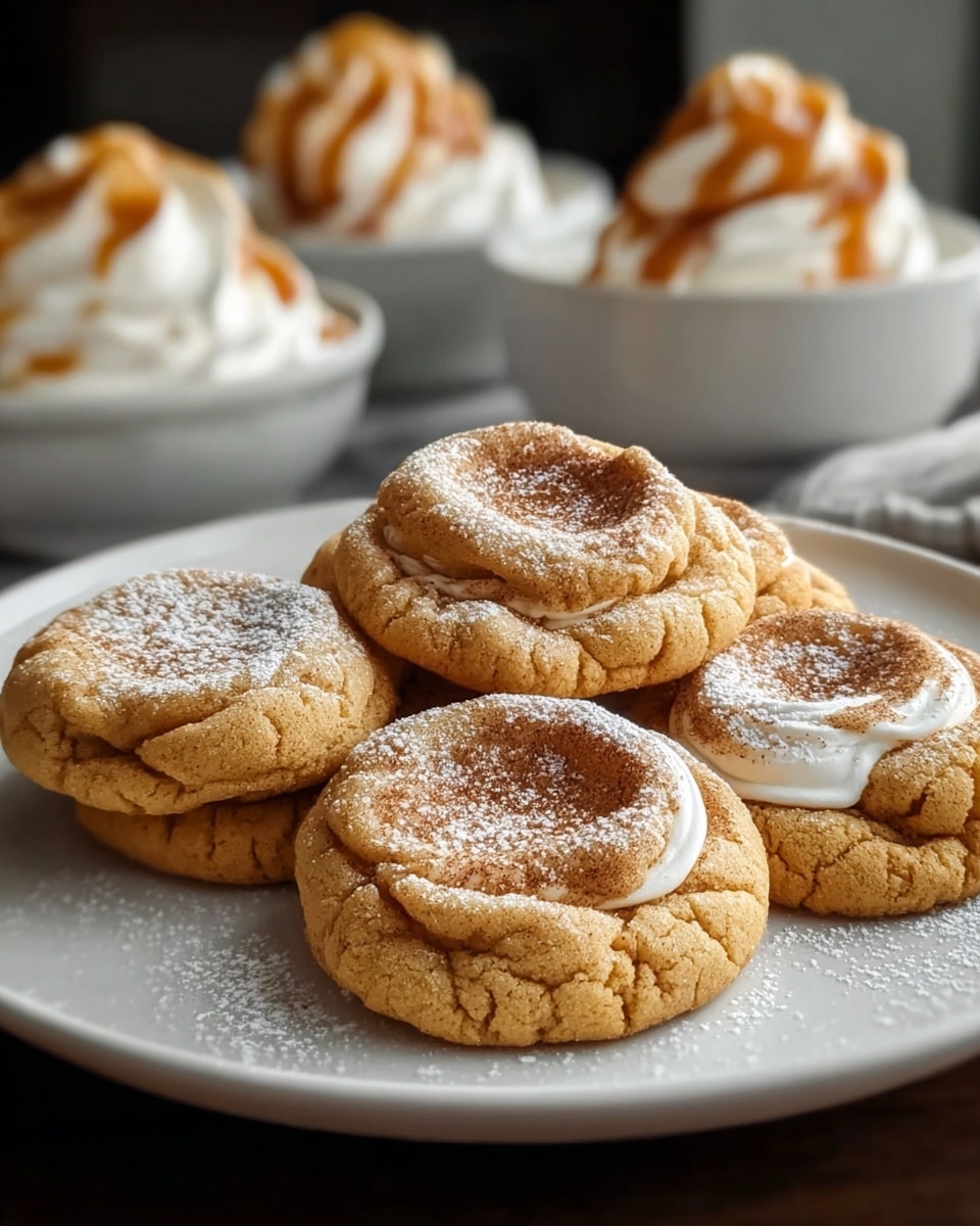 A white plate holds five soft cookies arranged in a loose pile, each cookie golden-brown with a slightly crinkled center dusted with white powdered sugar and a light layer of cinnamon powder adding a warm brown hue. In the background, three dark brown cups are filled with a creamy drink topped with swirled white whipped cream and drizzled with caramel sauce, softly blurred to keep focus on the cookies. The whole scene rests on a white marbled textured surface. photo taken with an iphone --ar 4:5 --v 7