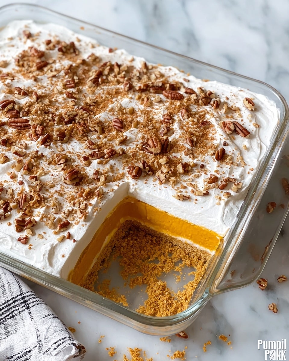 A rectangular glass dish holds a dessert with three visible layers: the bottom layer is crumbly and brown like a graham cracker crust, the middle layer is a smooth orange pumpkin filling, and the top layer is white whipped cream thickly spread and sprinkled with chopped nuts. A square portion is missing from the center, showing the dish’s base. The dish sits on a white marbled surface with a white and yellow striped cloth nearby and two small decorative pumpkins, one yellow and one orange. Photo taken with an iphone --ar 4:5 --v 7