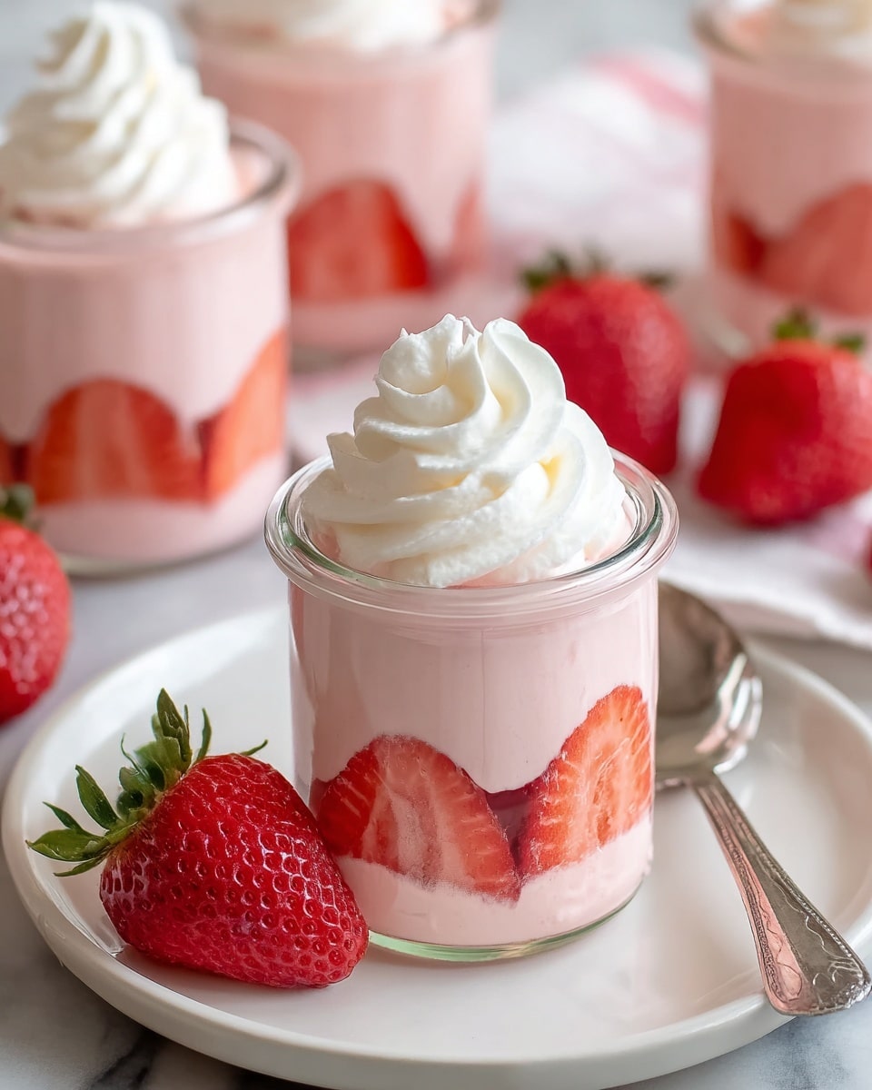 This image shows a small clear glass jar filled with three layers: the bottom layer is made of slices of red strawberries pressed against the glass; the middle layer is a smooth, light pink creamy mixture filling most of the jar; the top layer is a swirl of white whipped cream sitting neatly on the pink cream. The jar is placed on a white plate with three whole fresh strawberries and a silver spoon beside it. In the background, there are more jars with the same dessert on a white marbled surface. Photo taken with an iphone --ar 4:5 --v 7