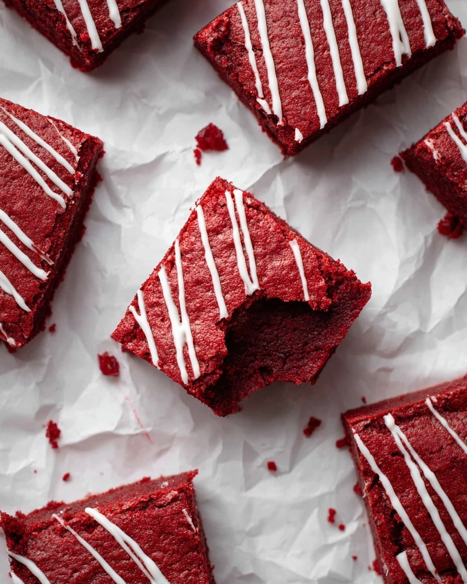 A collection of red velvet brownies cut into square pieces, laid on crumpled white parchment paper over a white marbled surface. The brownies are thick with a rich, deep red color and a slightly cracked, textured top layer. Each brownie is decorated with thin white icing lines drizzled diagonally across the surface. One brownie in the center shows a clear bite mark, revealing a dense, moist inside of a similar dark red shade. Small crumbs and bits of white icing are scattered around the brownies, adding to the casual, fresh-baked look. photo taken with an iphone --ar 4:5 --v 7