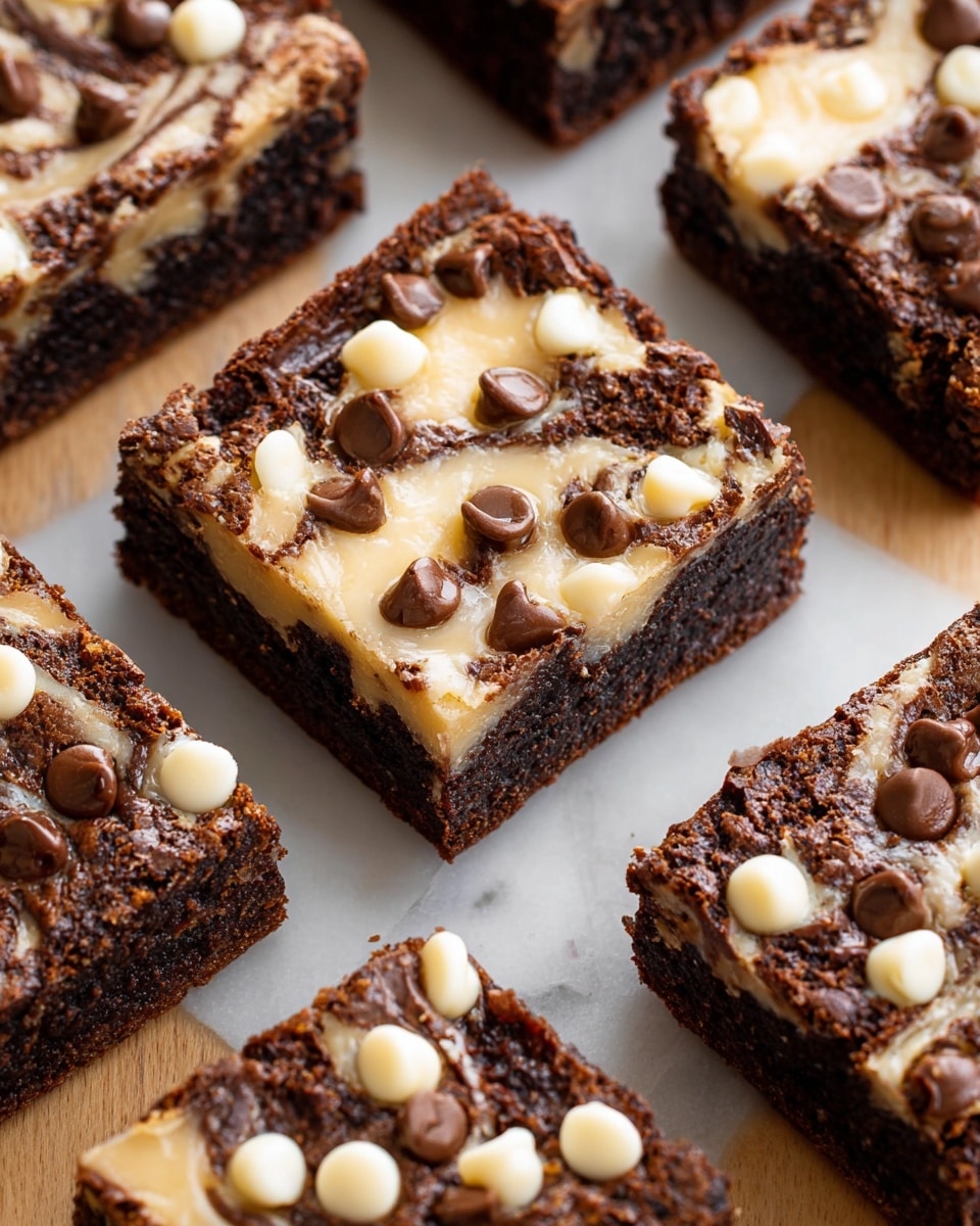 The image shows square brownies with a dark brown base layer that looks moist and rich. On top of the brownies, there is a swirled layer of light beige, likely peanut butter, giving a marbled effect. Scattered generously on the top are both dark brown and creamy white chocolate chips, adding texture and color contrast with their shiny and smooth surfaces. The brownies are laid on a wooden board with a warm tone. The close-up view highlights the varied textures of the soft brownie, creamy swirls, and firm chocolate chips. photo taken with an iphone --ar 4:5 --v 7