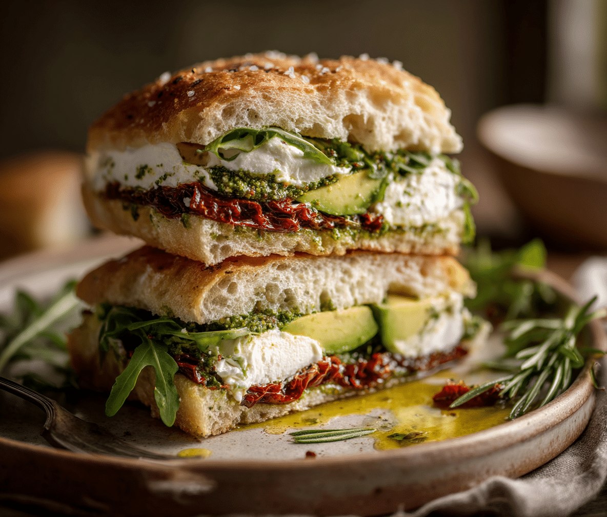 Mediterranean Breakfast Sandwich with Eggs, Feta, and Fresh Veggies Recipe - Recipe Image