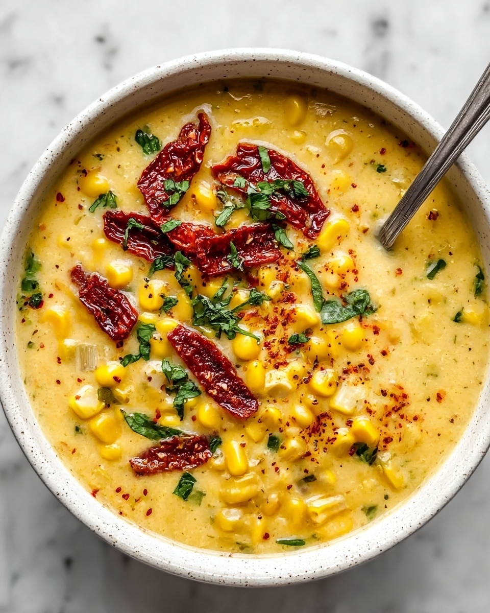 Irresistible Sun Dried Tomato Corn Chowder with Crispy Goat Cheese Croutons Recipe - Recipe Image