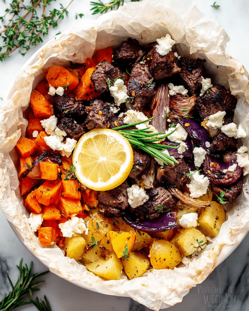 Greek Lamb Kleftiko in Parchment with Potatoes, Vegetables, and Feta Recipe