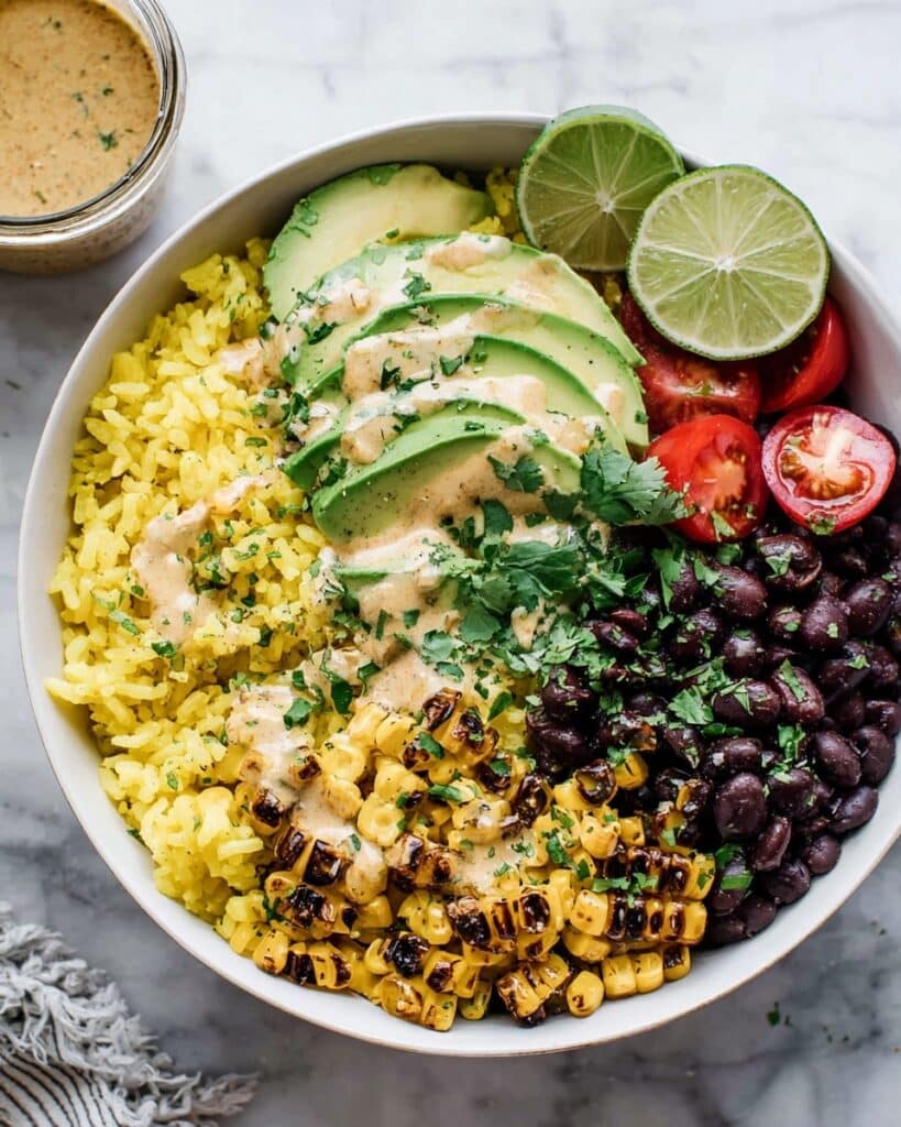 Black Bean Burrito Bowl with Roasted Corn and Chipotle Sauce Recipe